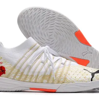 Puma White Orange Knit Upper Striped Beige Overlays Indoor Soccer Shoes