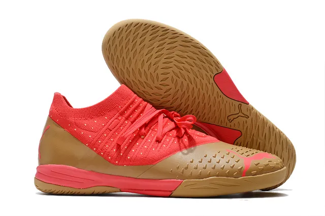 Puma Chaussures de soccer indoor à upper en knit blanc et orange, overlays rayés beige 6