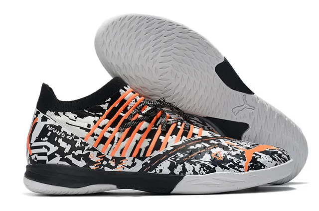 Puma Chaussures de soccer indoor à upper en knit blanc et orange, overlays rayés beige 7