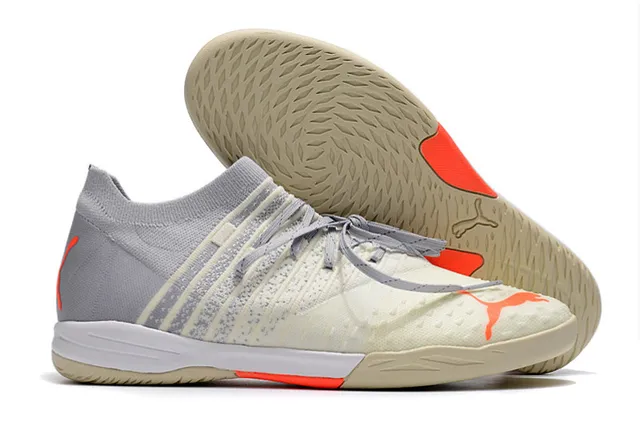 Puma Chaussures de soccer indoor à upper en knit blanc et orange, overlays rayés beige 13