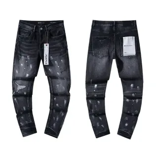 Purple Brand Distressed Paint-Splatter Slim-Fit Dark Wash Jeans