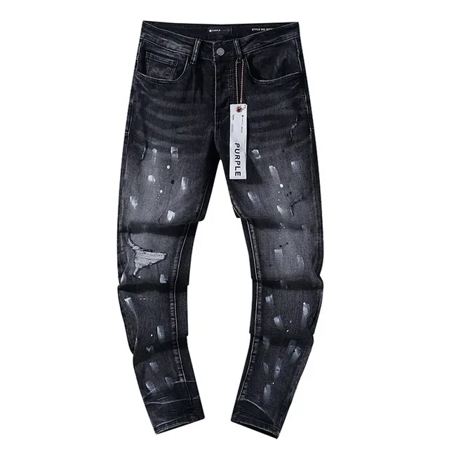 Purple Brand Calças Jeans Desgastadas com Salpicadura de Tinta Ajustadas Lavagem Escura 2