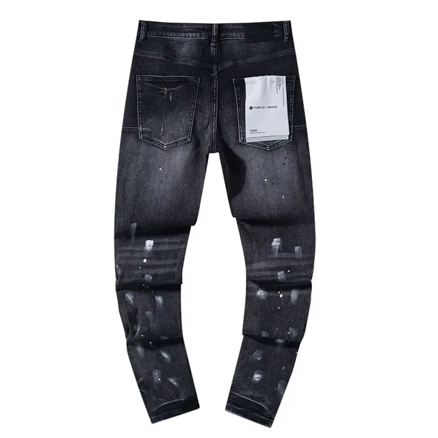Purple Brand Calças Jeans Desgastadas com Salpicadura de Tinta Ajustadas Lavagem Escura 3