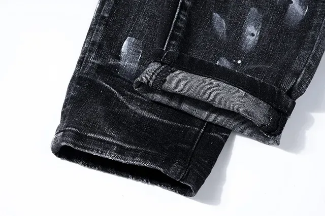 Purple Brand Calças Jeans Desgastadas com Salpicadura de Tinta Ajustadas Lavagem Escura 7