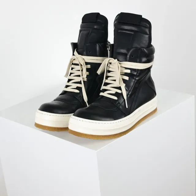 Rick Owens Black Beige High-Top Padded Collar Martin Boots 2
