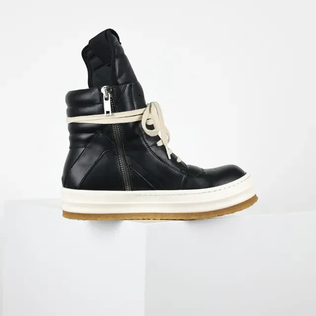 Rick Owens Black Beige High-Top Padded Collar Martin Boots 7