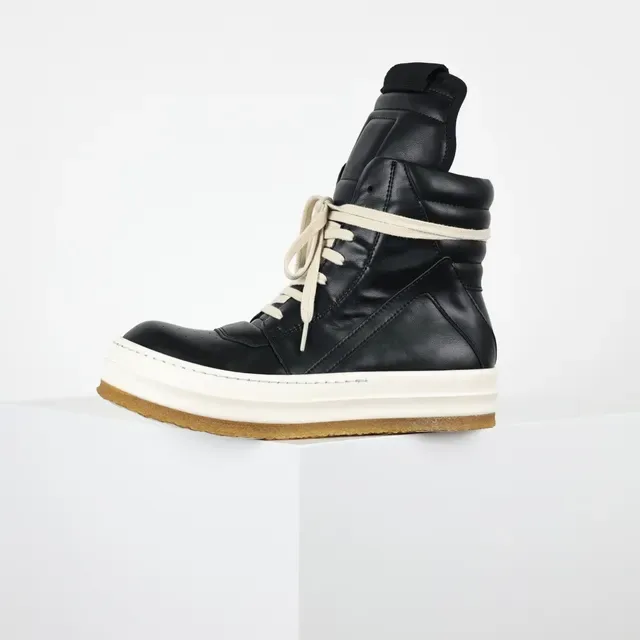 Rick Owens Black Beige High-Top Padded Collar Martin Boots 9