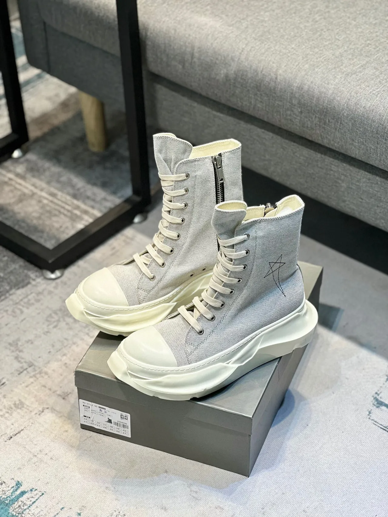 Rick Owens Gray Beige High-Top Denim Upper Ankle Boots 7