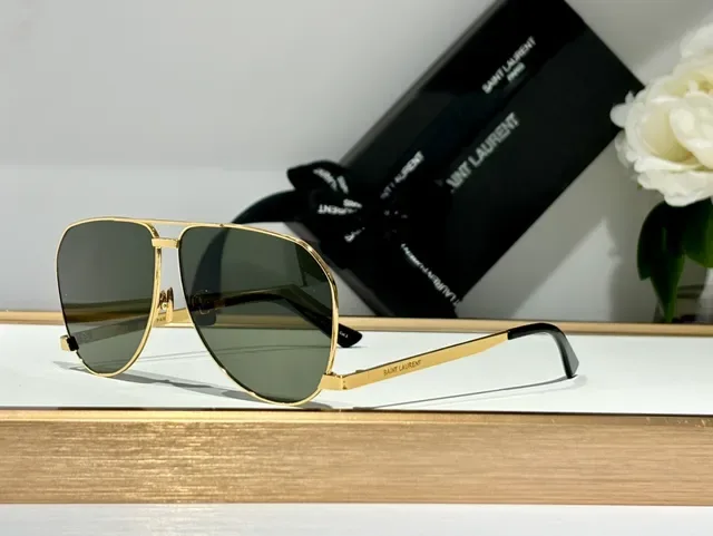 Óculos de Sol Saint Laurent Aviador Metal Dourado Lente Espelhada Âmbar 6