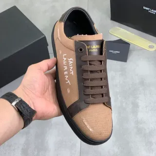 Saint Laurent Canvas and Leather Panel Sneaker Beige Brown Black Lifestyle Sneakers