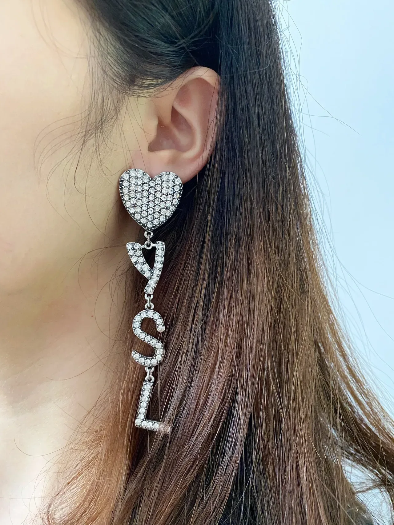 Saint Laurent Crystal-Pavé Heart and YSL Monogram Dangling Earrings 2