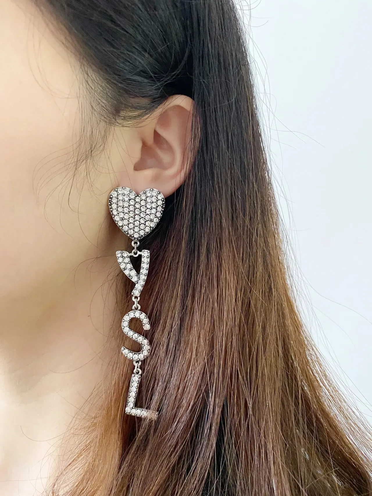 Saint Laurent Crystal-Pavé Heart and YSL Monogram Dangling Earrings 3