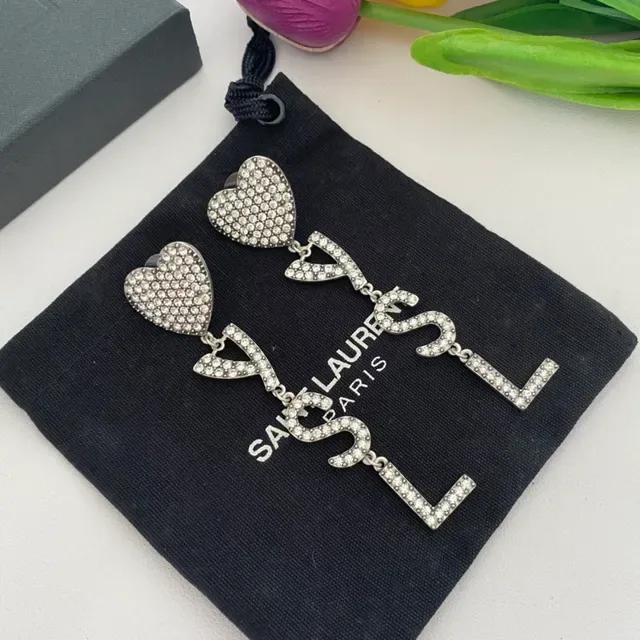 Saint Laurent Crystal-Pavé Heart and YSL Monogram Dangling Earrings 9