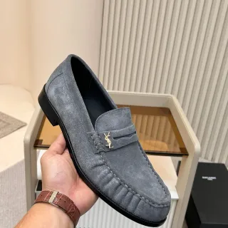 Saint Laurent ग्रे ब्लैक सुड ऊपरी Moc-Toe Stitching Loafer