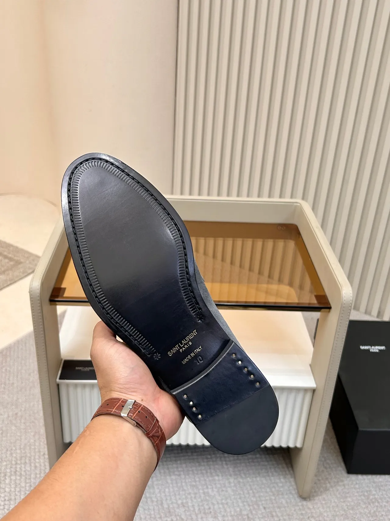 Saint Laurent 灰黑麂皮鞋面 Moc-Toe Stitching Loafer 2