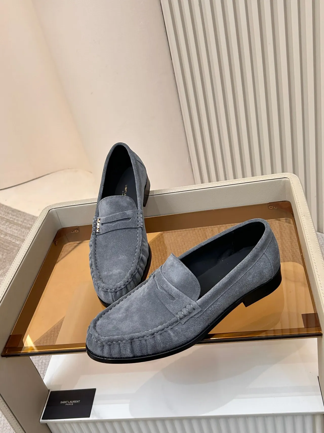 Saint Laurent 灰黑麂皮鞋面 Moc-Toe Stitching Loafer 4