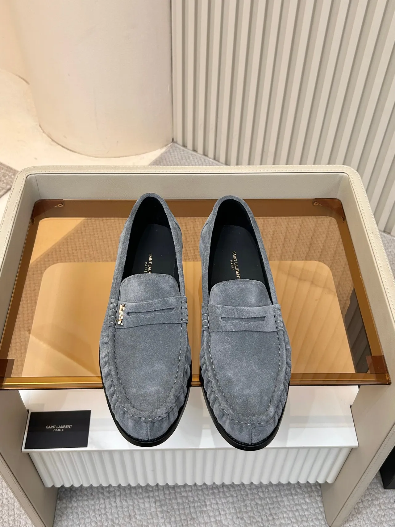 Saint Laurent 灰黑麂皮鞋面 Moc-Toe Stitching Loafer 5