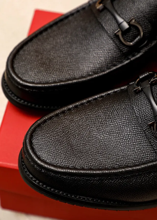 Salvatore Ferragamo Gancini Loafer Black Textured Leather Horsebit Loafers 7