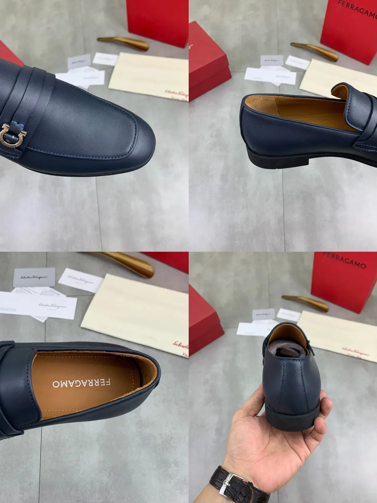 Salvatore Ferragamo Gancini Mocassins de Couro Bico Quadrado Navy 3