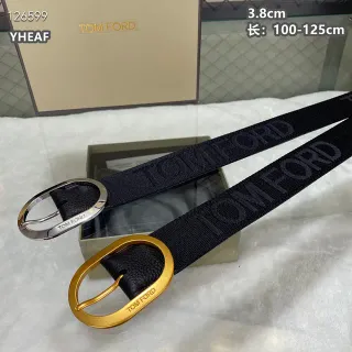 Tom Ford Logo Tape Belt Black Woven Strap Pebbled Leather Keeper Canvas Belt