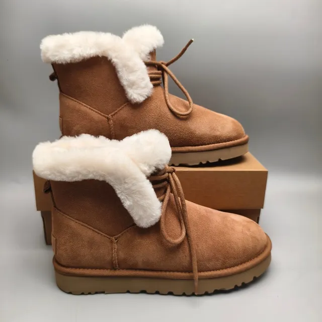 UGG भूरा बेज स्यूड ऊपरी फोल्ड-डाउन शियरलिंग कफ एंक्ल बूट्स 5