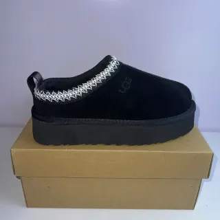 UGG Tasman Black Silver Platform Sole Woven Trim Collar Casual Shoes