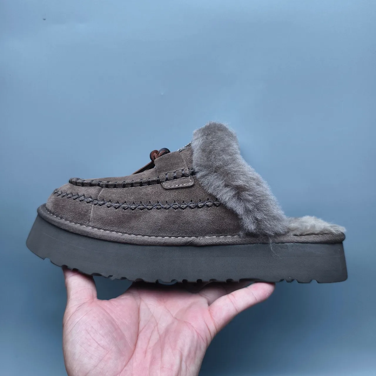 UGG Tasman Brown Suede Shearling-Lined Platform Loafers 7