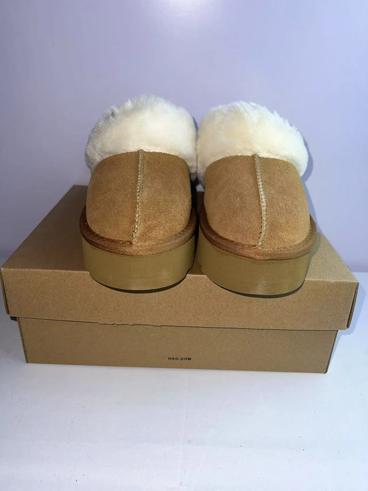 UGG Tasman Tan Suede Shearling-Lined Platform Slippers 5