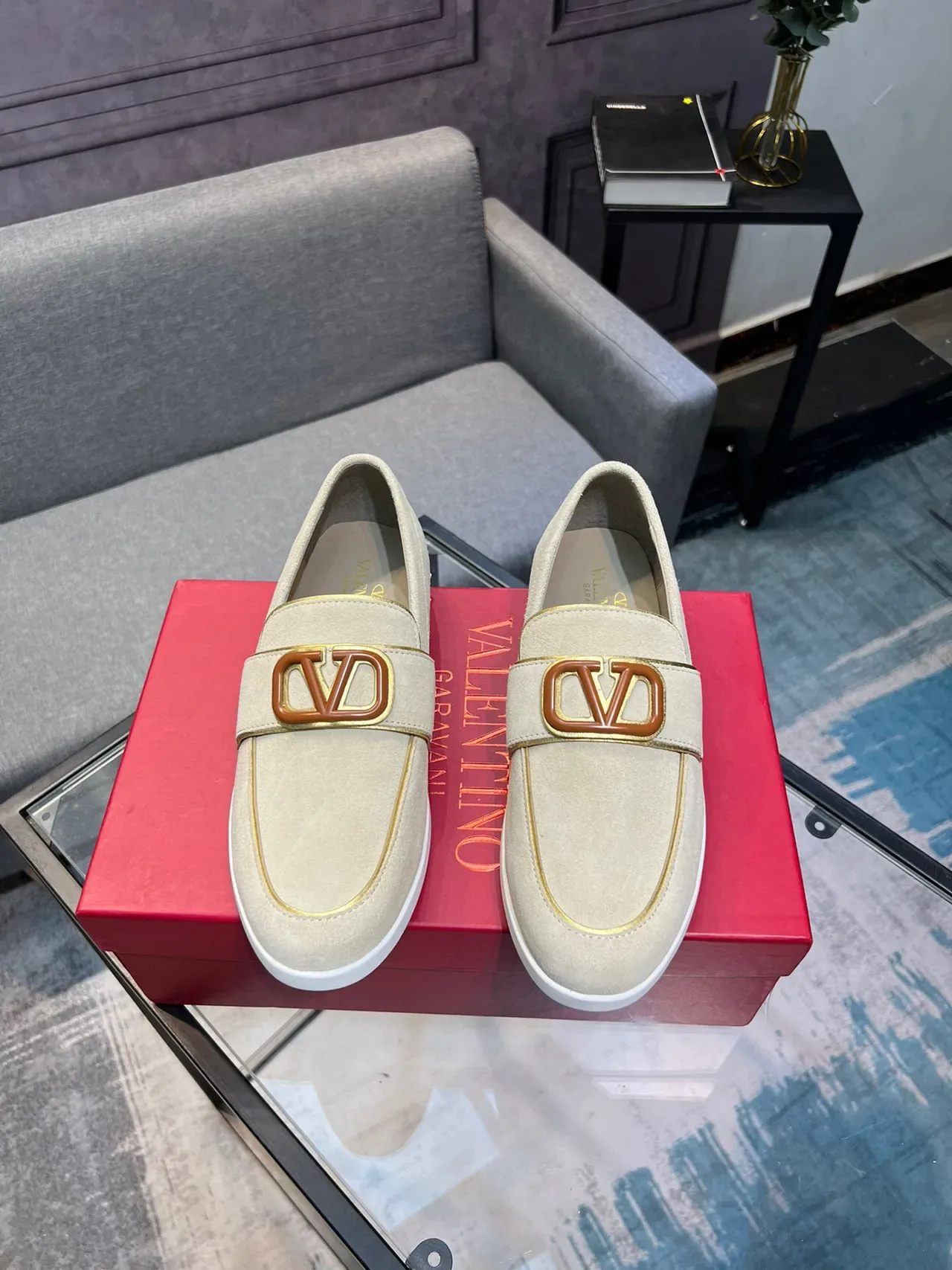 Valentino Rockstud Loafer Beige White Suede Upper VLogo Buckle Loafer 2