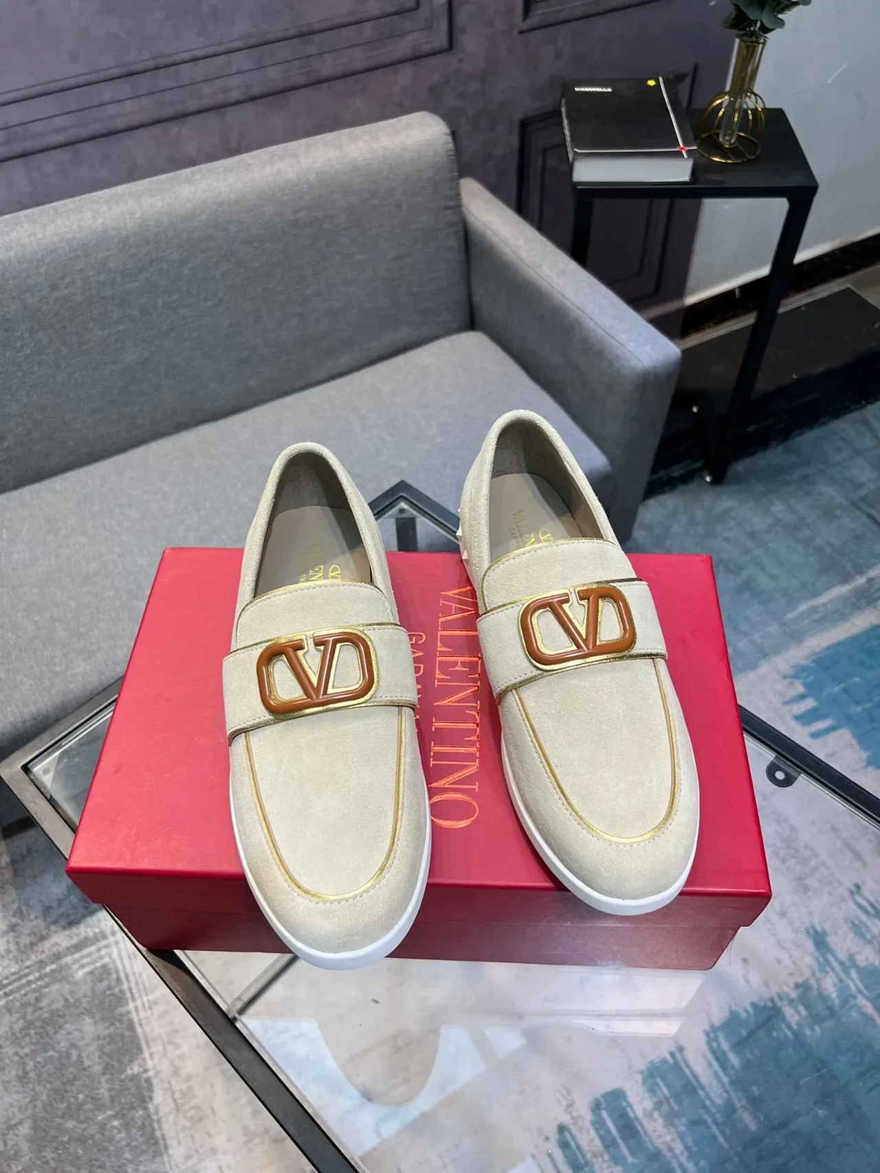 Valentino Rockstud Loafer Beige White Suede Upper VLogo Buckle Loafer 5