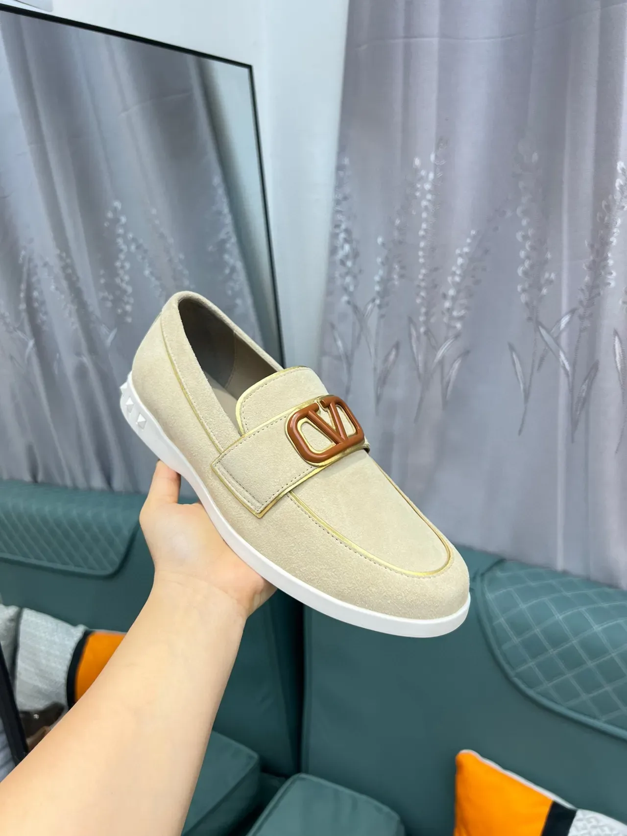 Valentino Rockstud Loafer Beige White Suede Upper VLogo Buckle Loafer 6