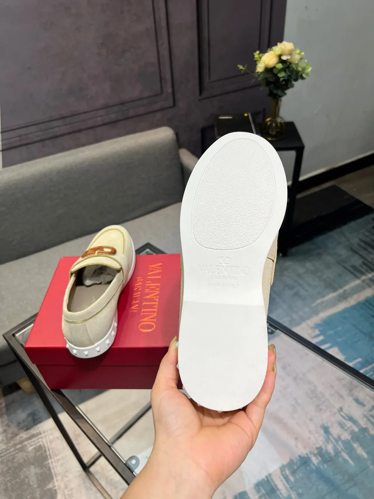 Valentino Rockstud Loafer Beige White Suede Upper VLogo Buckle Loafer 7
