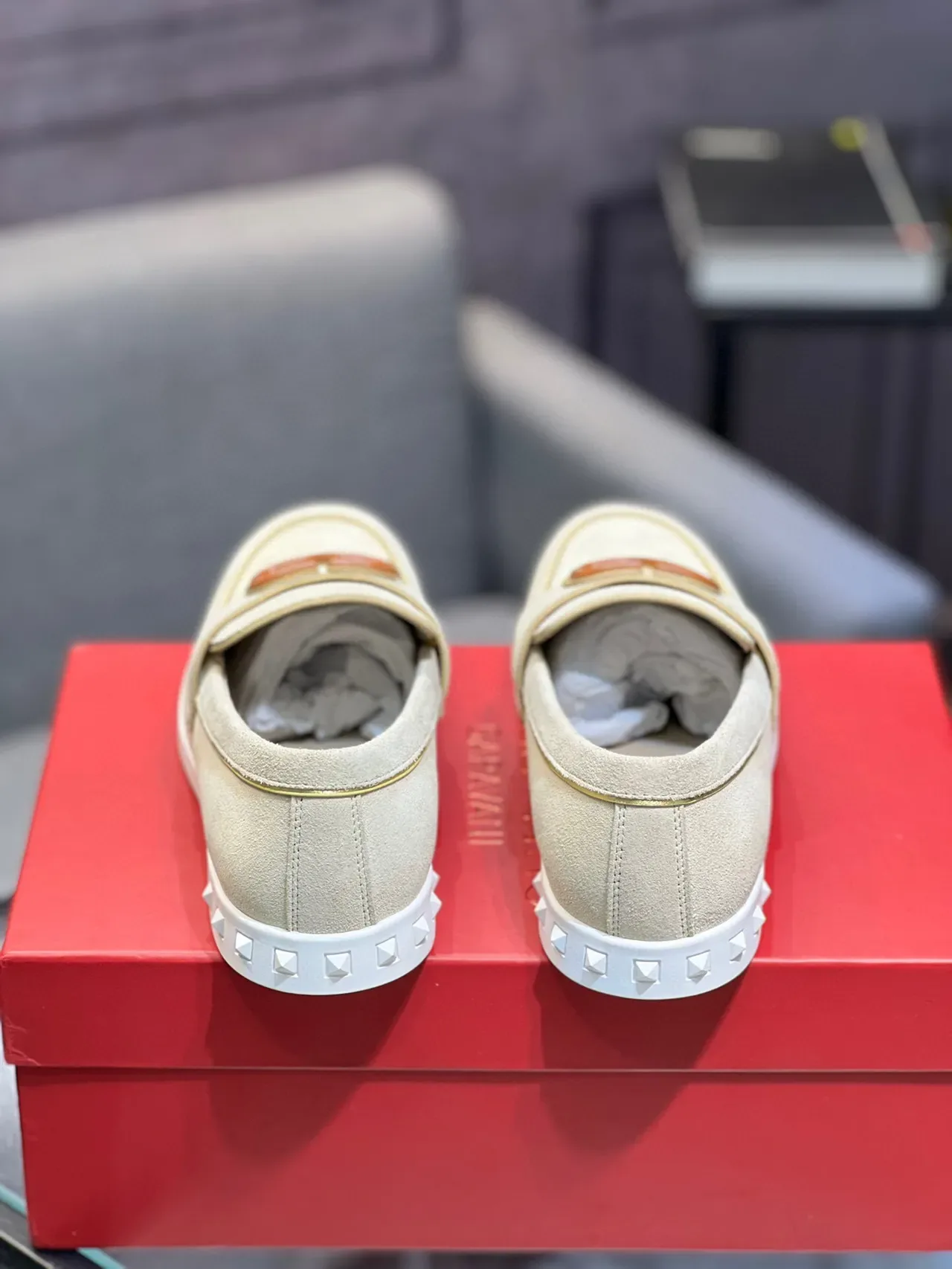 Valentino Rockstud Loafer Beige White Suede Upper VLogo Buckle Loafer 8