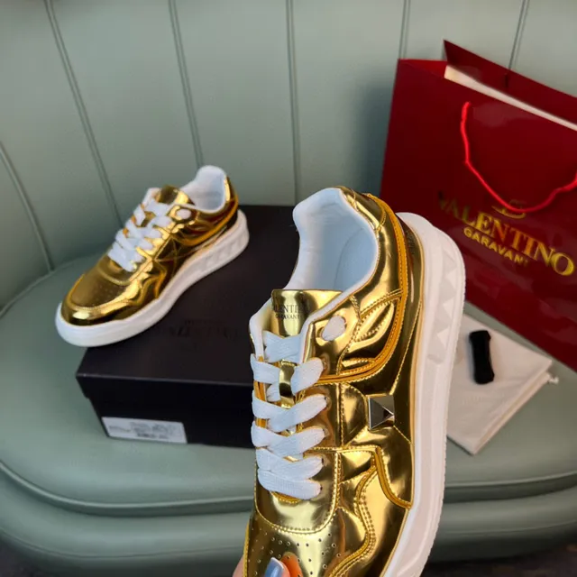 Valentino Rockstud Metallic Gold and Red Lifestyle Sneakers 3