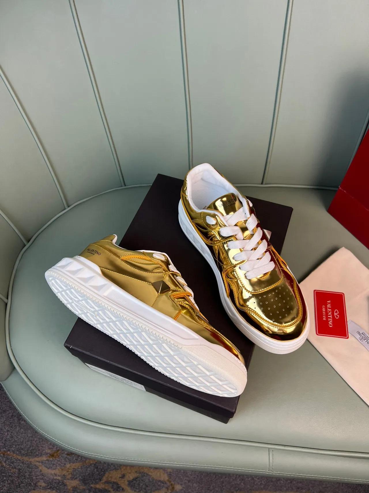 Valentino Rockstud Metallic Gold and Red Lifestyle Sneakers 5