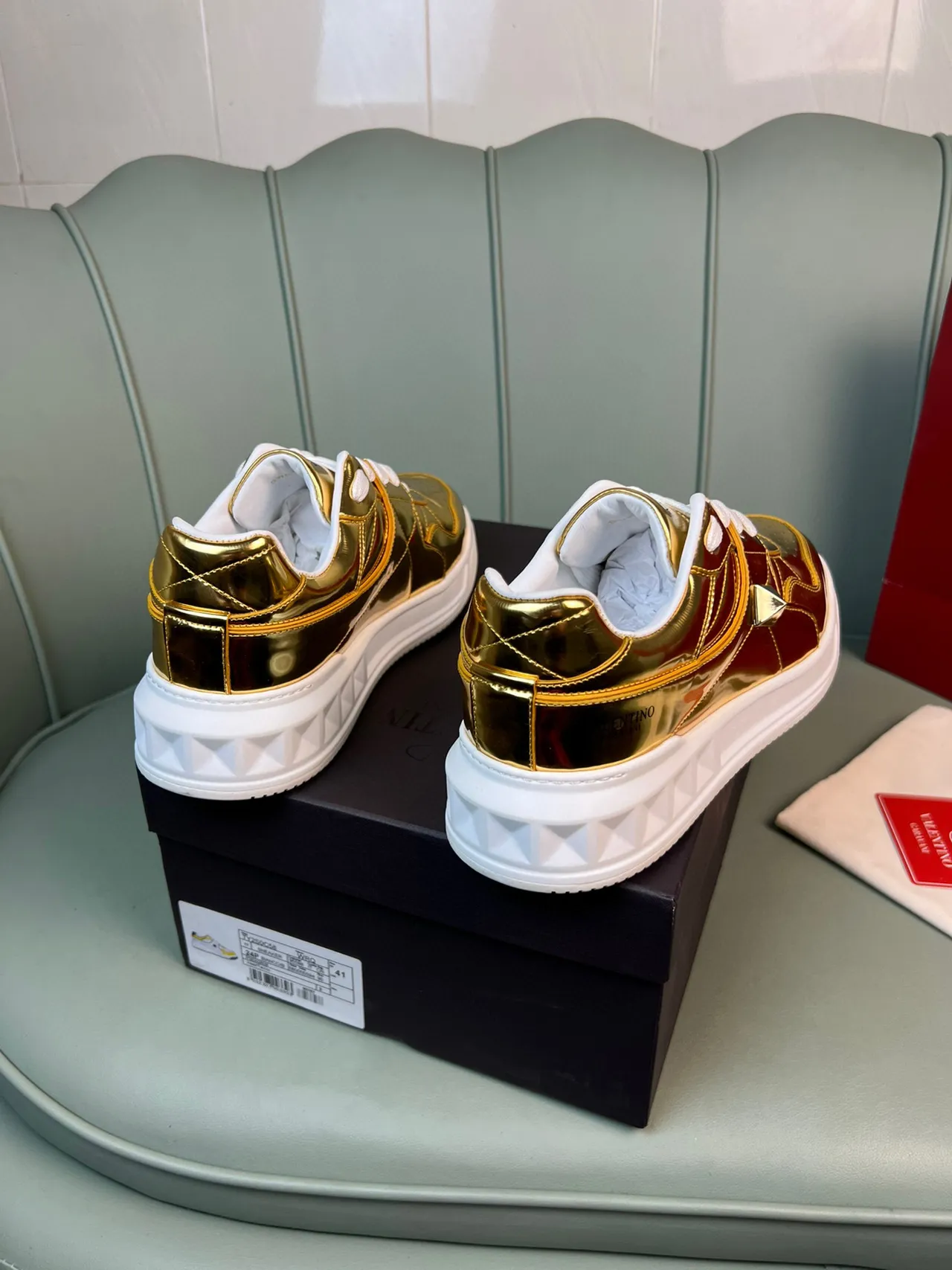 Valentino Rockstud Metallic Gold and Red Lifestyle Sneakers 6
