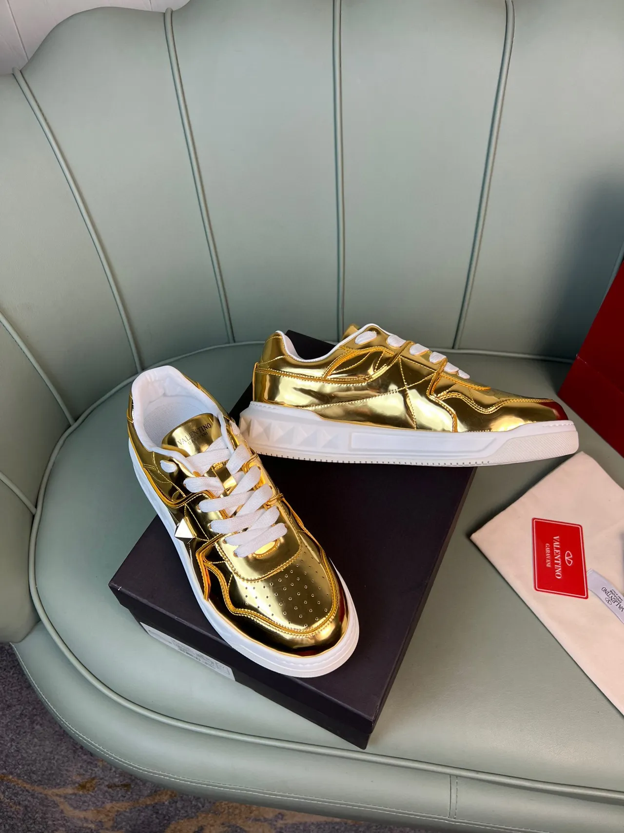 Valentino Rockstud Metallic Gold and Red Lifestyle Sneakers 7