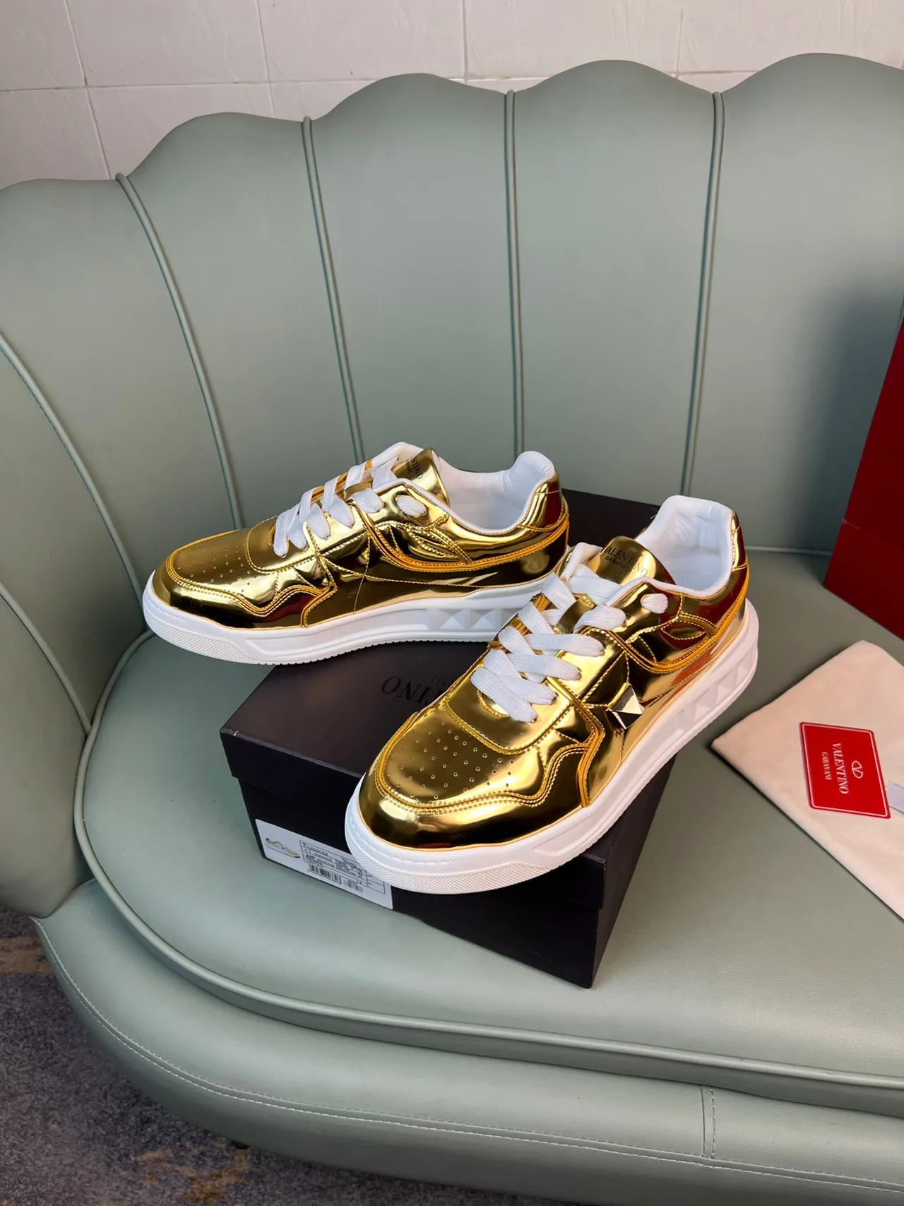 Valentino Rockstud Metallic Gold and Red Lifestyle Sneakers 8