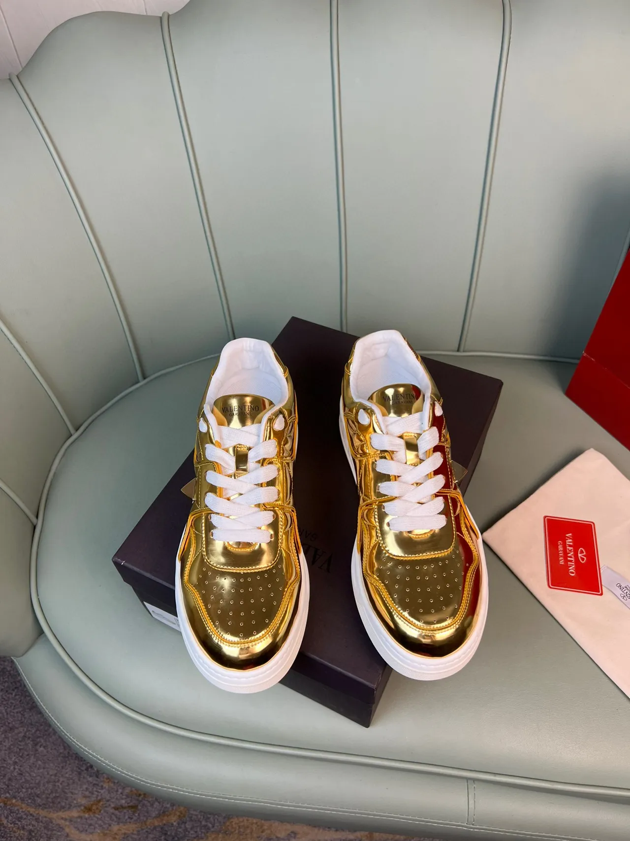 Valentino Rockstud Metallic Gold and Red Lifestyle Sneakers 9