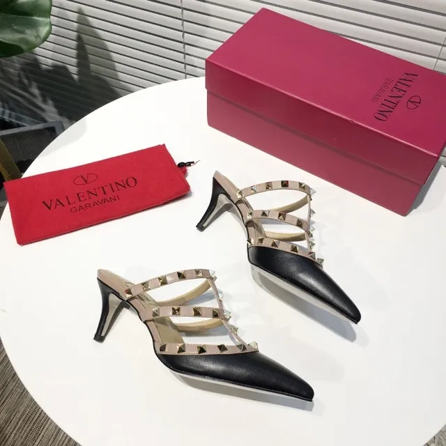 Valentino Rockstud Strappy Studded Black and Beige Stilettos 9