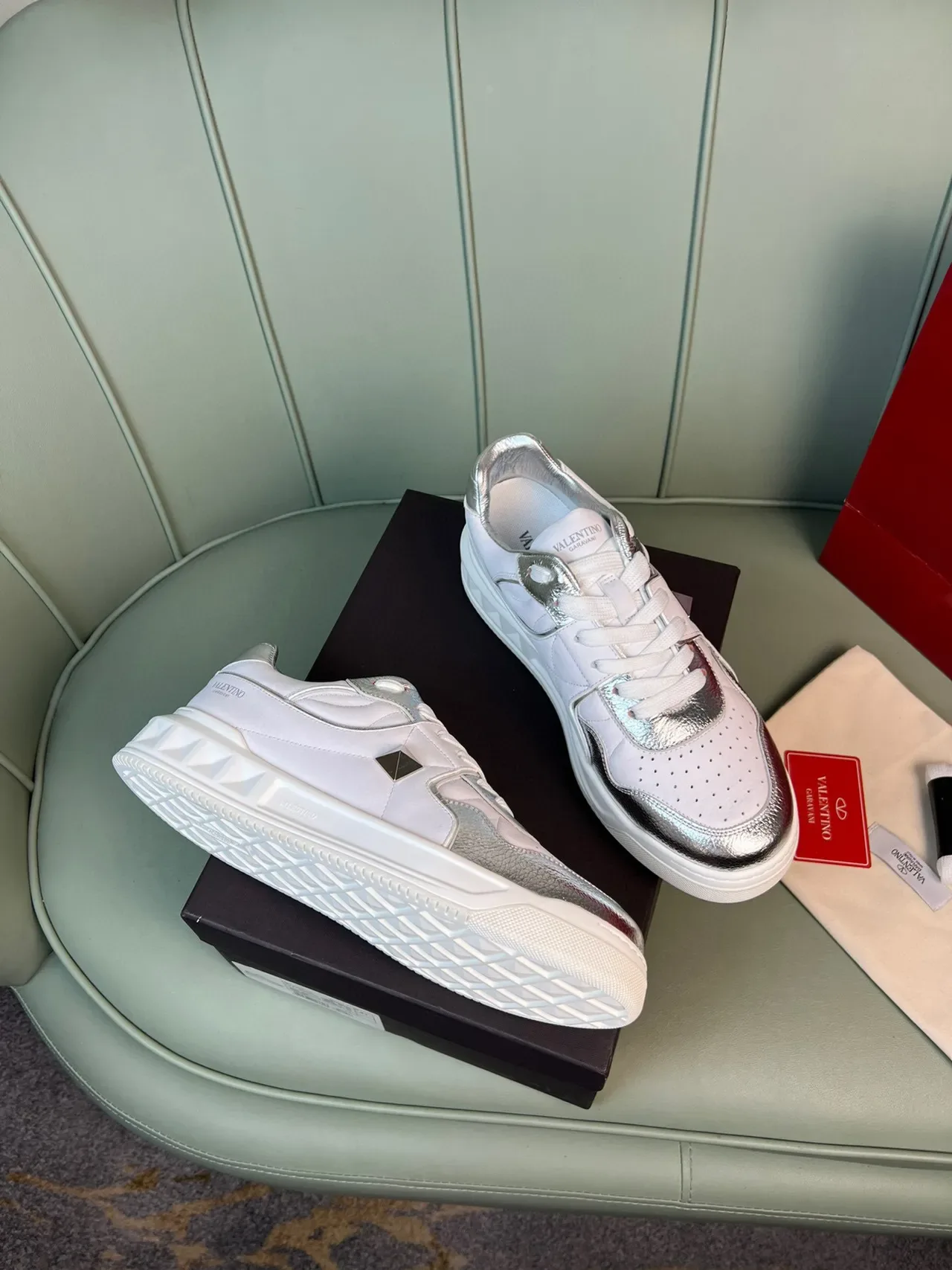 Valentino Rockstud White and Silver Metallic Lifestyle Sneakers 5