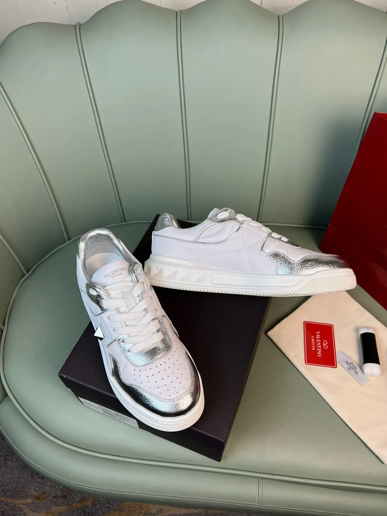 Valentino Rockstud White and Silver Metallic Lifestyle Sneakers 7