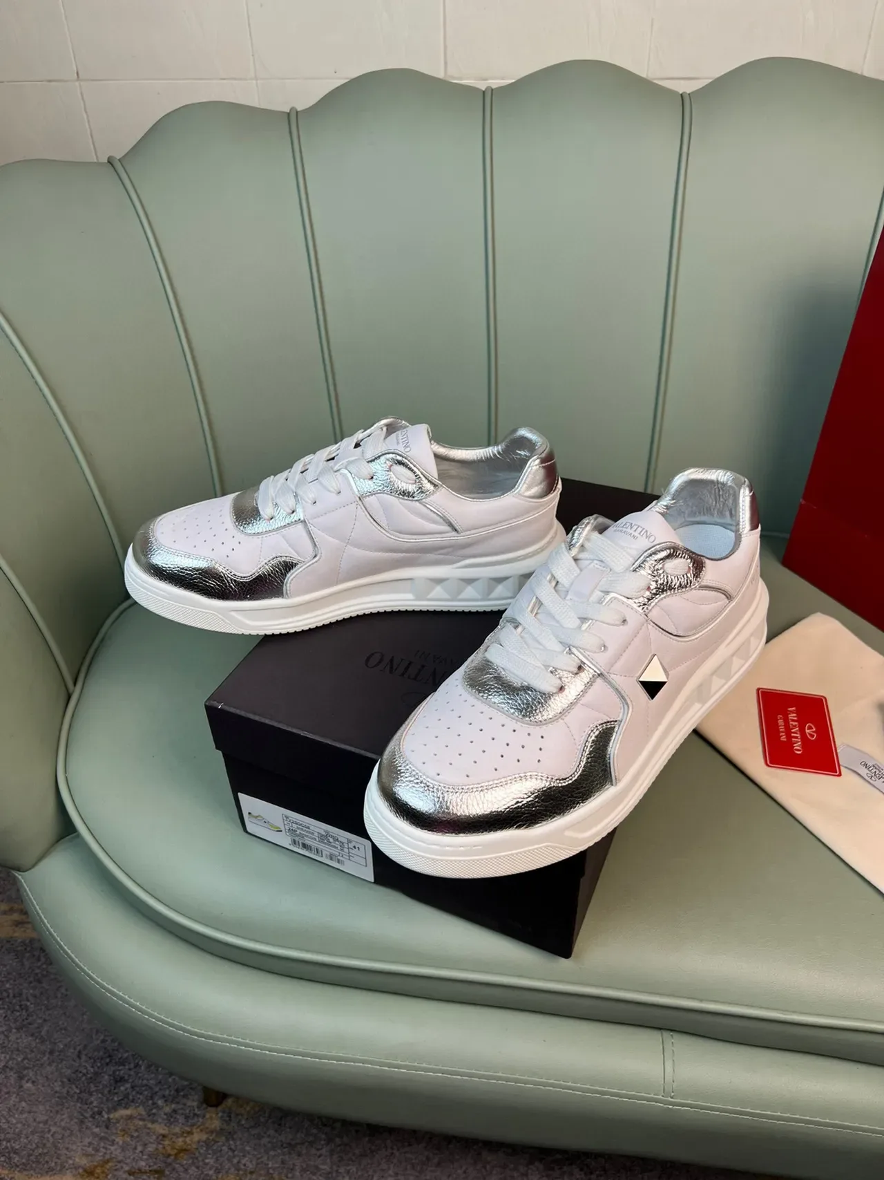 Valentino Rockstud White and Silver Metallic Lifestyle Sneakers 8