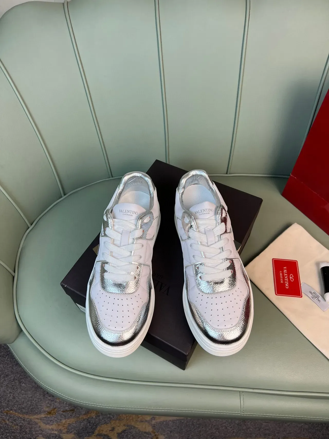 Valentino Rockstud White and Silver Metallic Lifestyle Sneakers 9