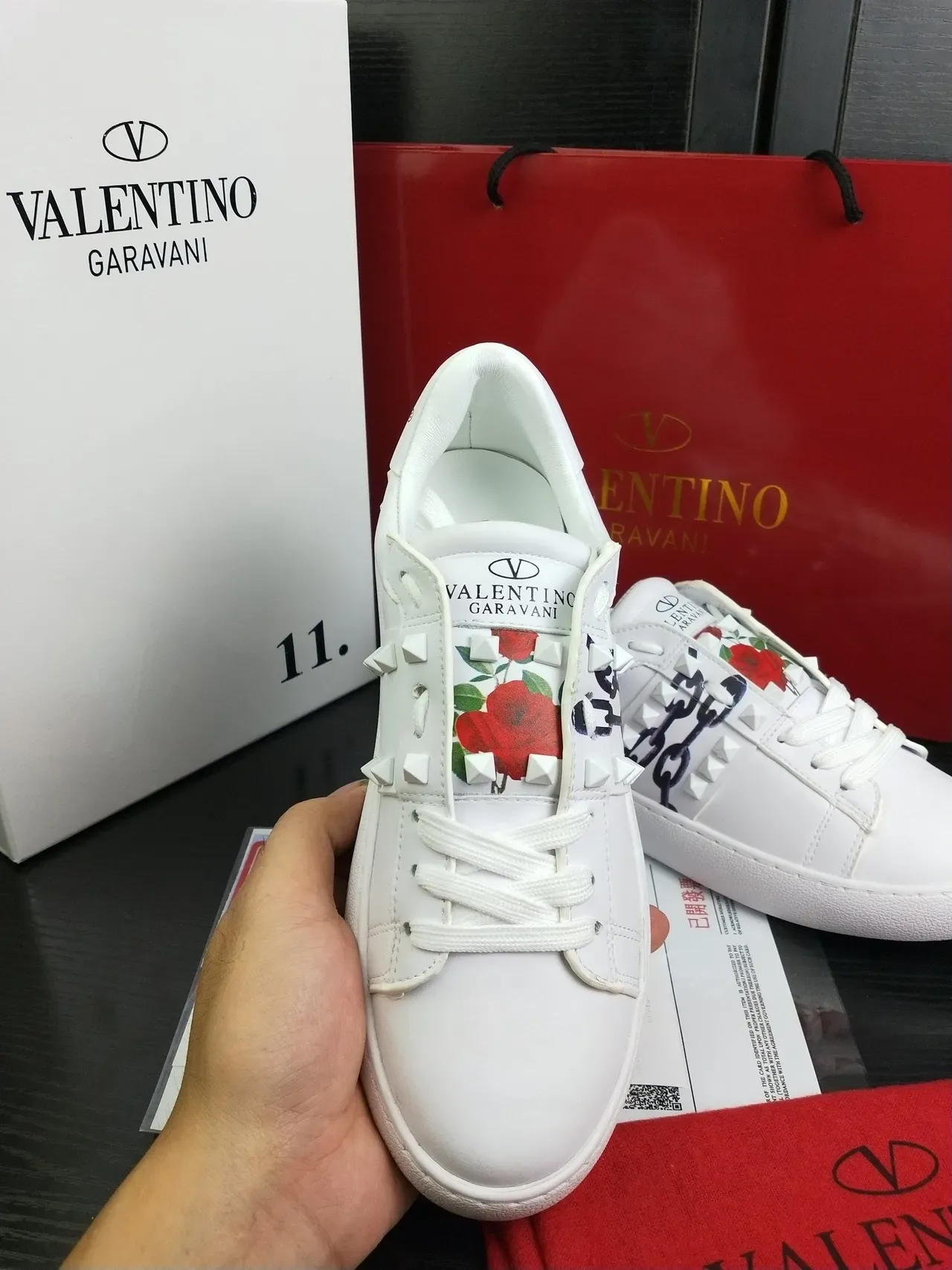Valentino Rockstud White Leather Floral Chain Stud Lifestyle Sneakers 2