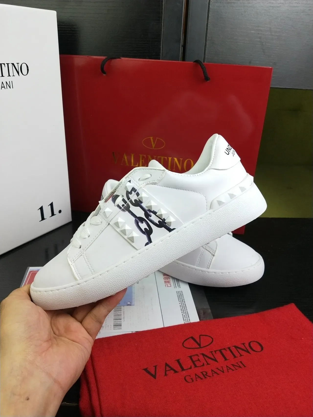 Valentino Rockstud White Leather Floral Chain Stud Lifestyle Sneakers 5