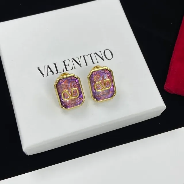 Valentino VLogo Purple Gold Rectangular Faceted Stone Motif Earrings 2