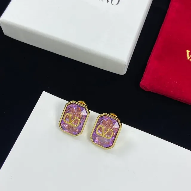 Valentino VLogo Purple Gold Rectangular Faceted Stone Motif Earrings 5