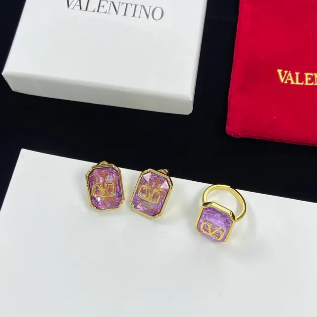 Valentino VLogo Purple Gold Rectangular Faceted Stone Motif Earrings 6