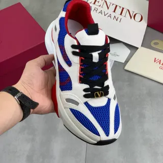 Valentino Branco Azul Camadas Malha E Camurça Dourado-Ton VLogo Hardware Tênis Chunky